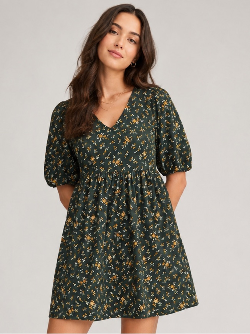 NWT Madewell Poplin V-Neck Bubble-Sleeve Mini Dress Fresh Sprigs Forest 2 NE727